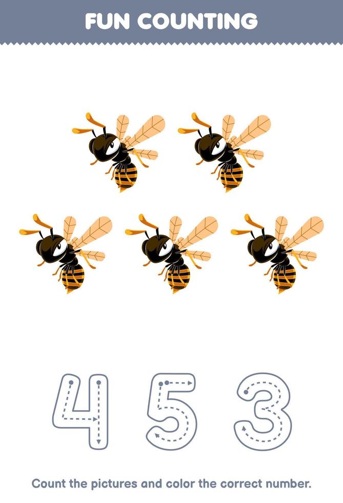 juego educativo para niños cuente las imágenes y coloree el número correcto de la linda hoja de trabajo de error imprimible de dibujos animados abeja avispa vector