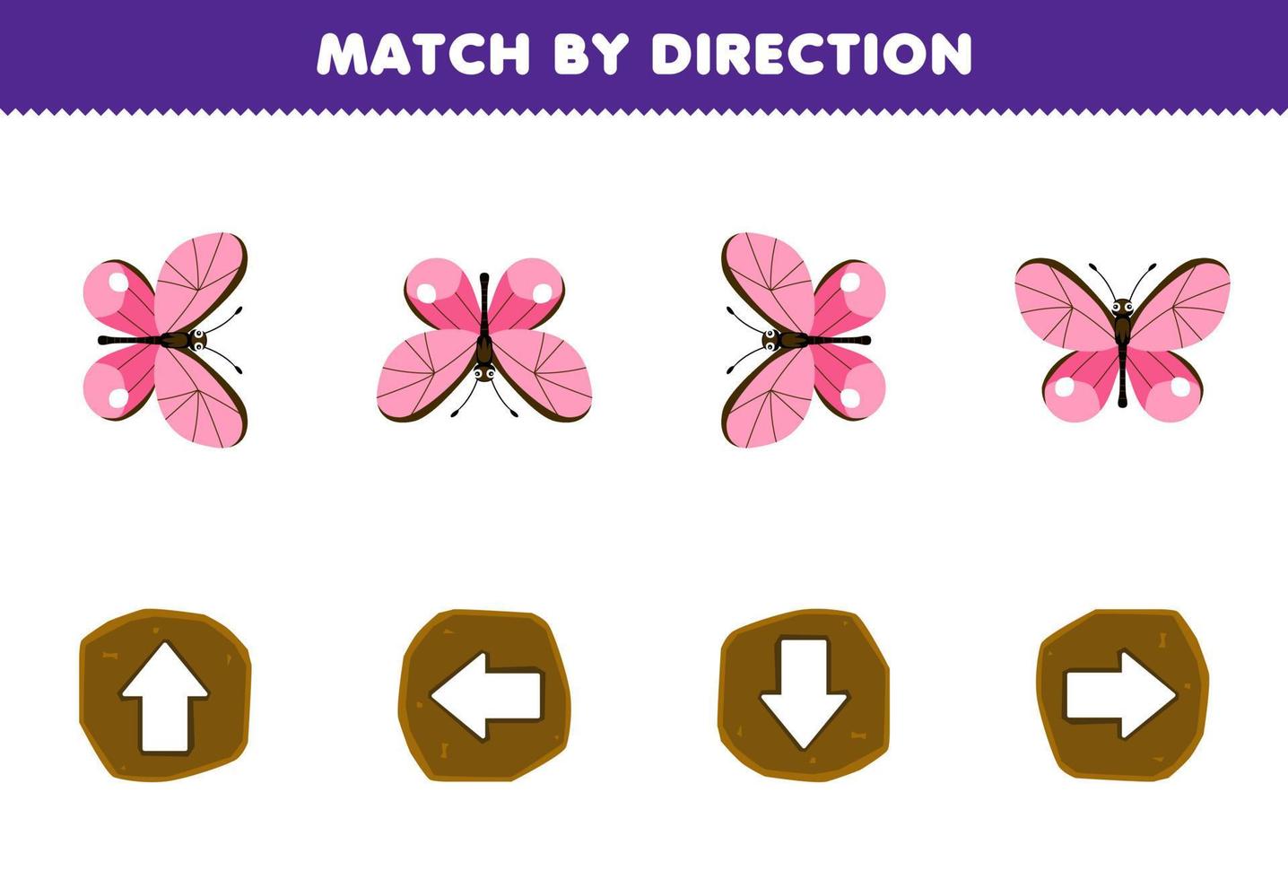 juego educativo para niños emparejar por dirección izquierda derecha arriba o abajo orientación de la linda mariposa de dibujos animados hoja de trabajo de error imprimible vector