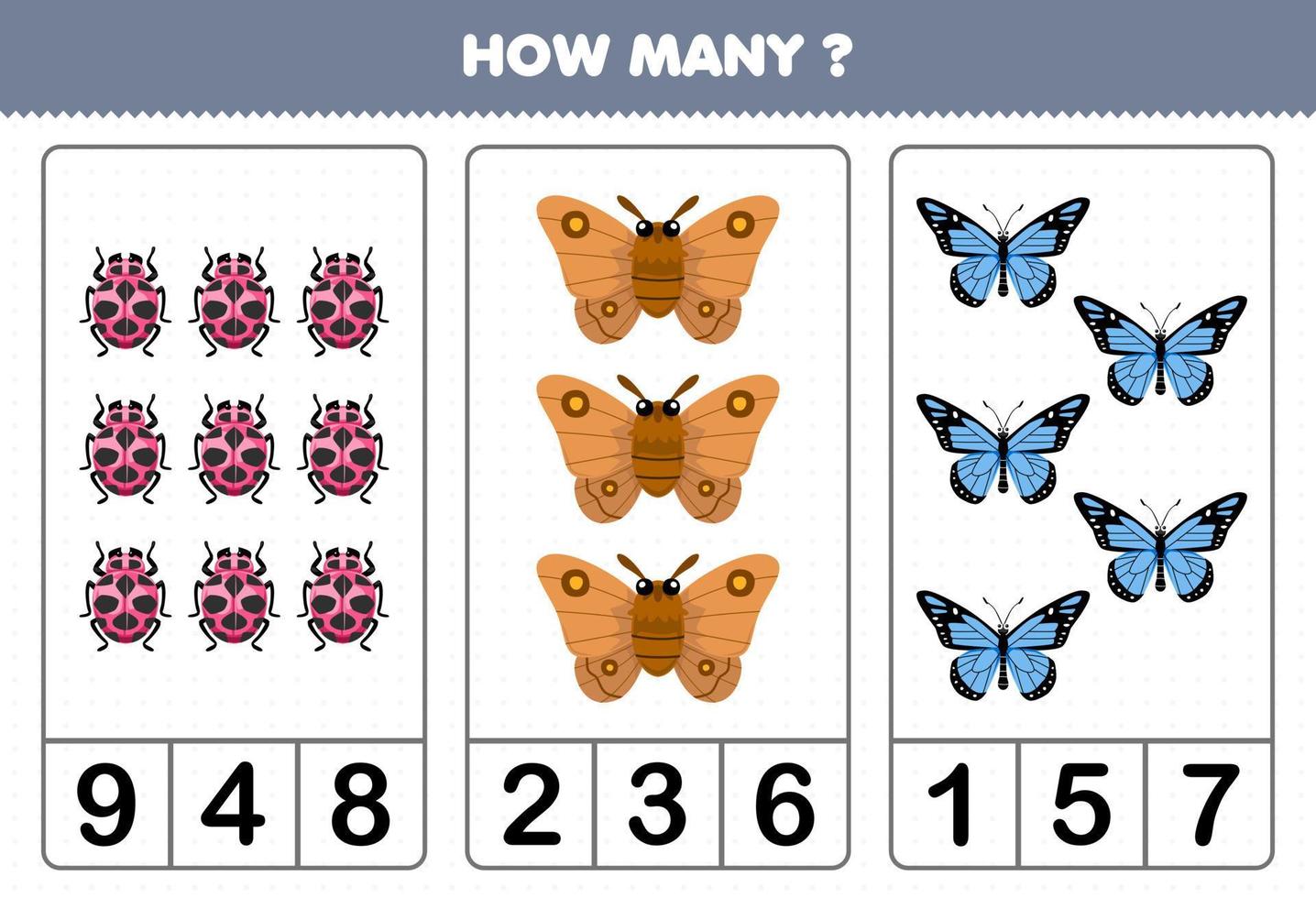 Education game for children counting how many cute cartoon ladybug moth butterfly printable bug worksheet vector