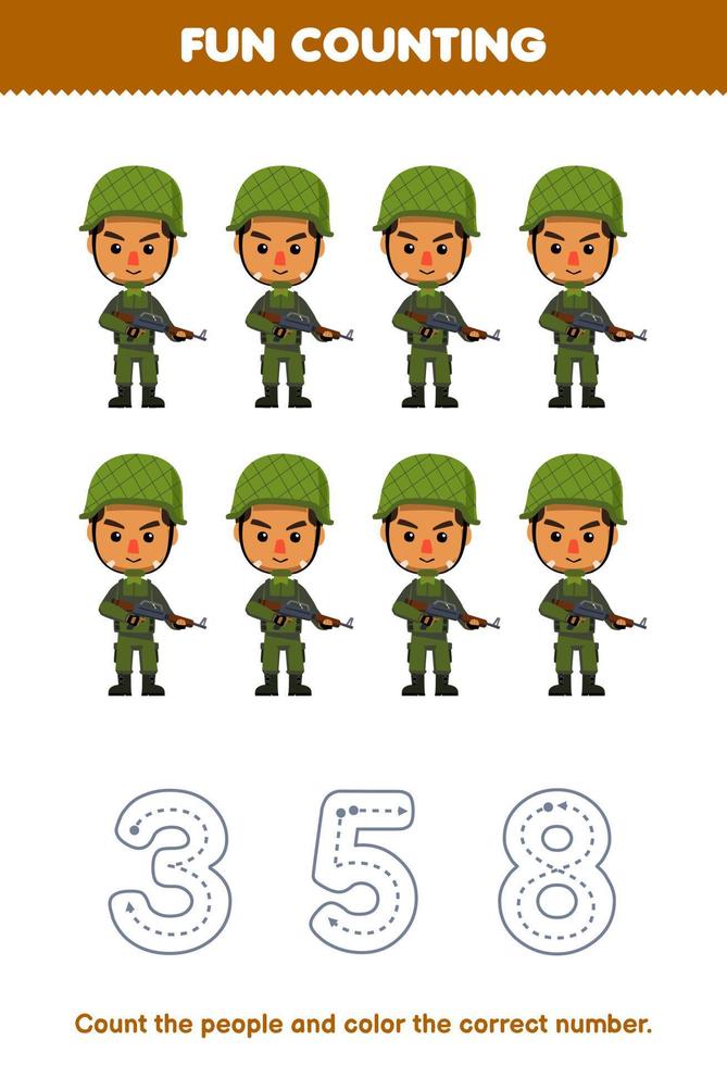 Education game for children count the pictures and color the correct number from cute cartoon army printable profession worksheet vector