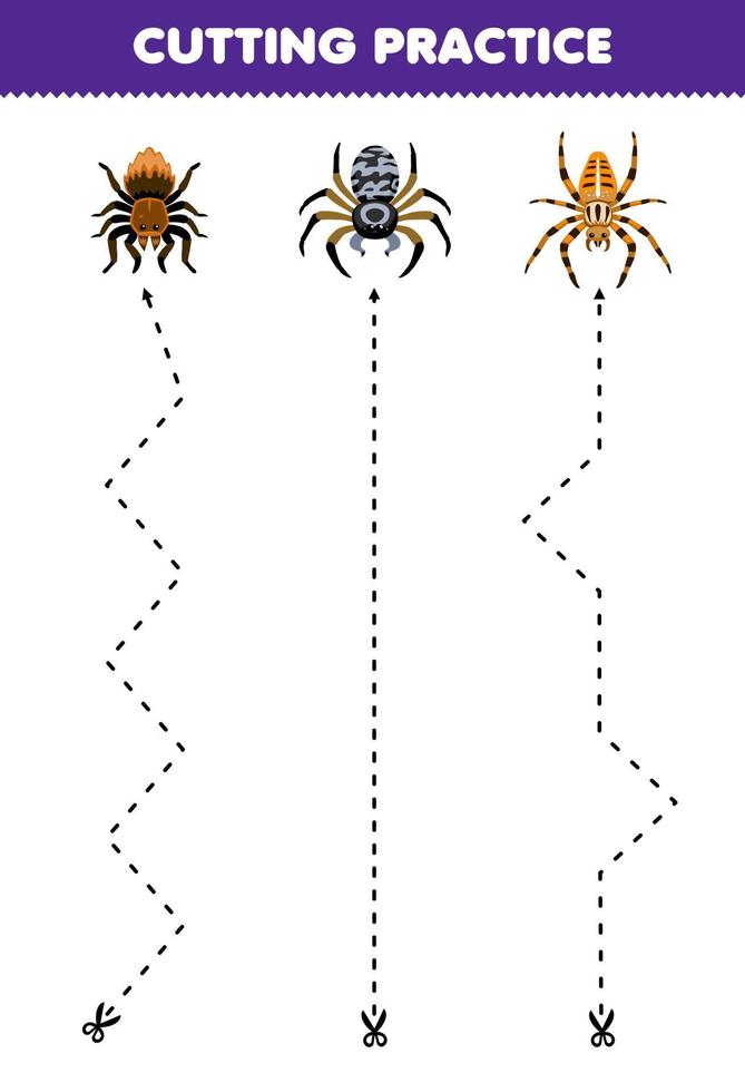 juego educativo para niños práctica de corte con hoja de trabajo de error imprimible de araña de dibujos animados lindo vector