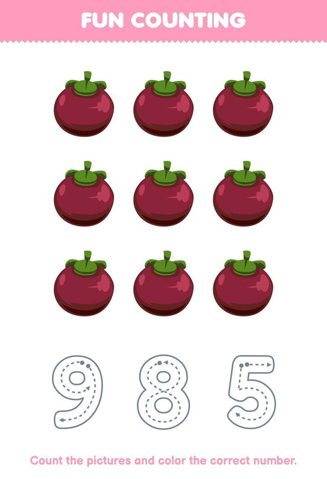 Education game for children count the pictures and color the correct number from cute cartoon mangosteen printable fruit worksheet vector