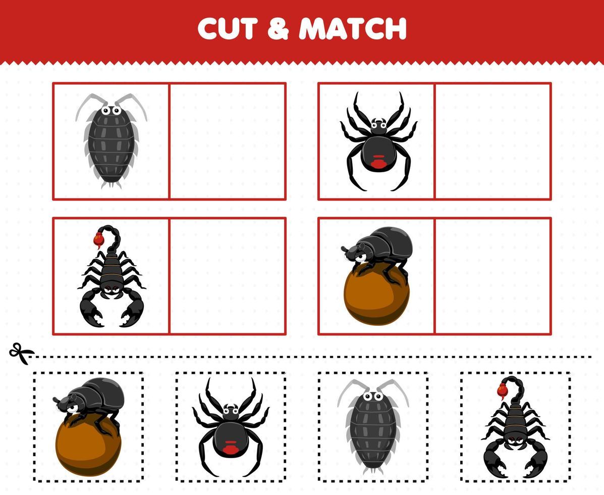 juego educativo para niños corta y combina la misma imagen de la linda caricatura piojo araña escarabajo escorpión hoja de trabajo de error imprimible vector