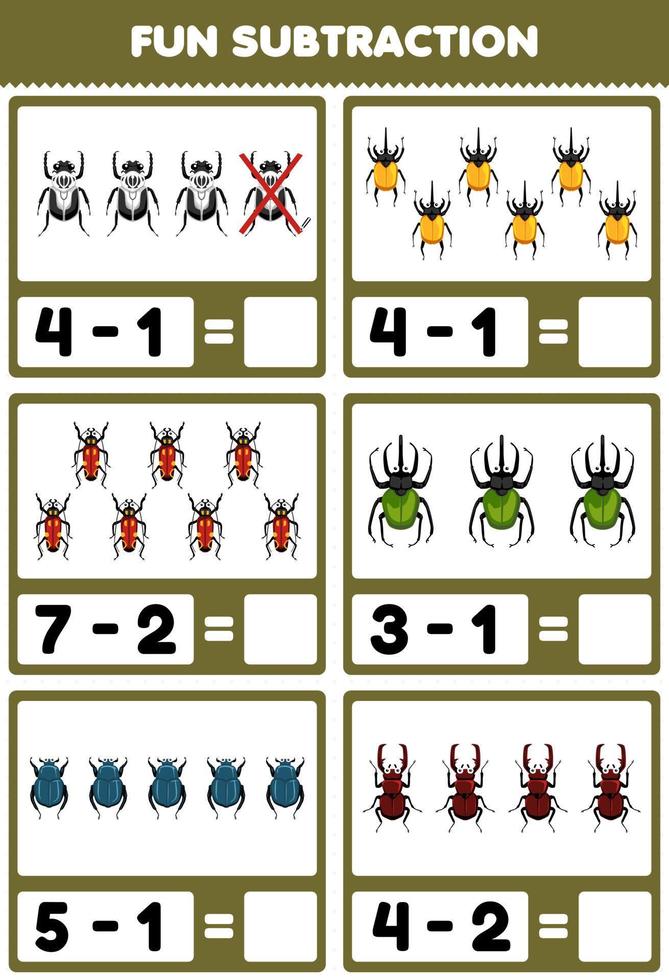 Education game for children fun subtraction by counting and eliminating cute cartoon beetle printable bug worksheet vector