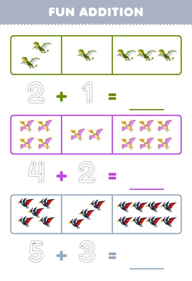 Education game for children fun addition by counting and tracing the number of cute cartoon flying dinosaur printable prehistoric dinosaur worksheet vector