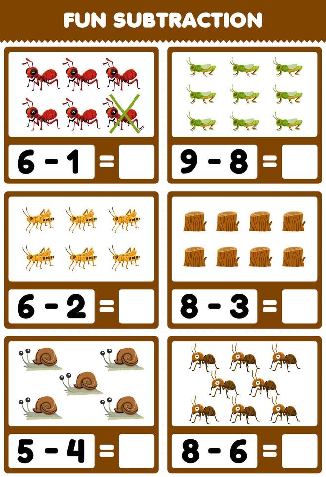 Education game for children fun subtraction by counting and eliminating cute cartoon ant grasshopper wood log snail printable bug worksheet vector