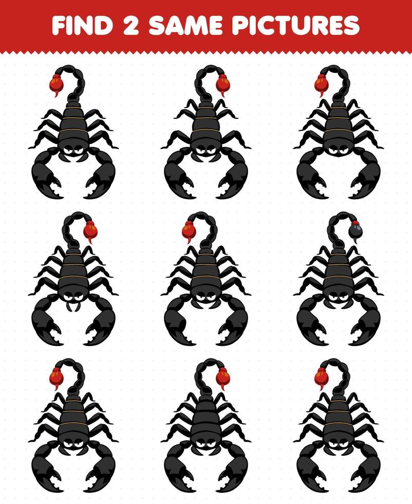 Education game for children find two same pictures of cute cartoon black scorpion printable bug worksheet vector