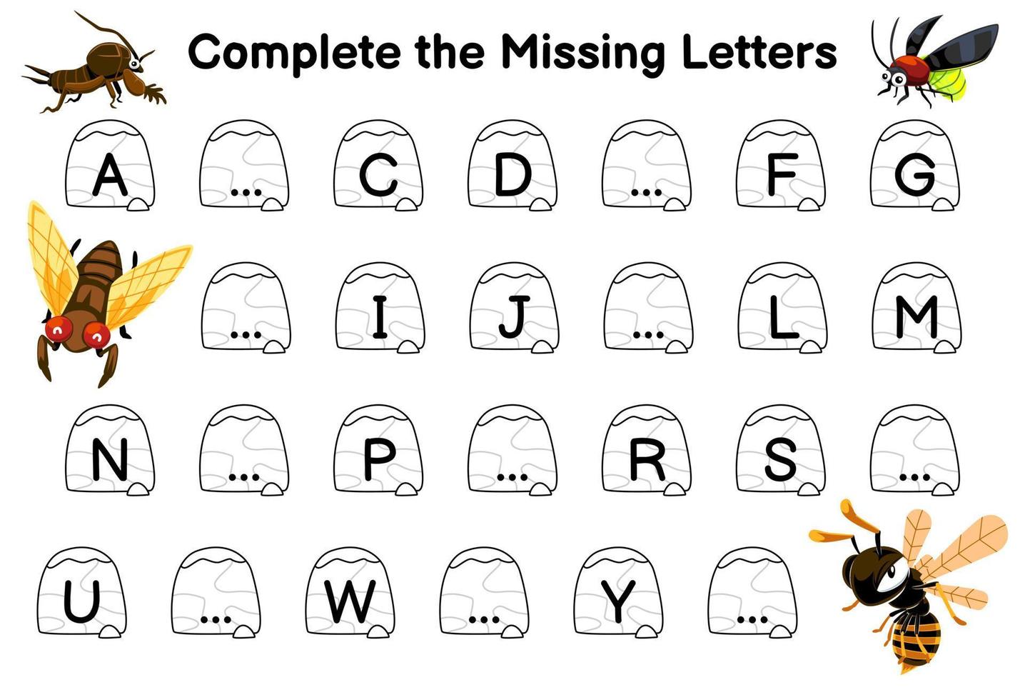Education game for complete the missing letters with cute cartoon cricket firefly cicada bee picture printable bug worksheet vector