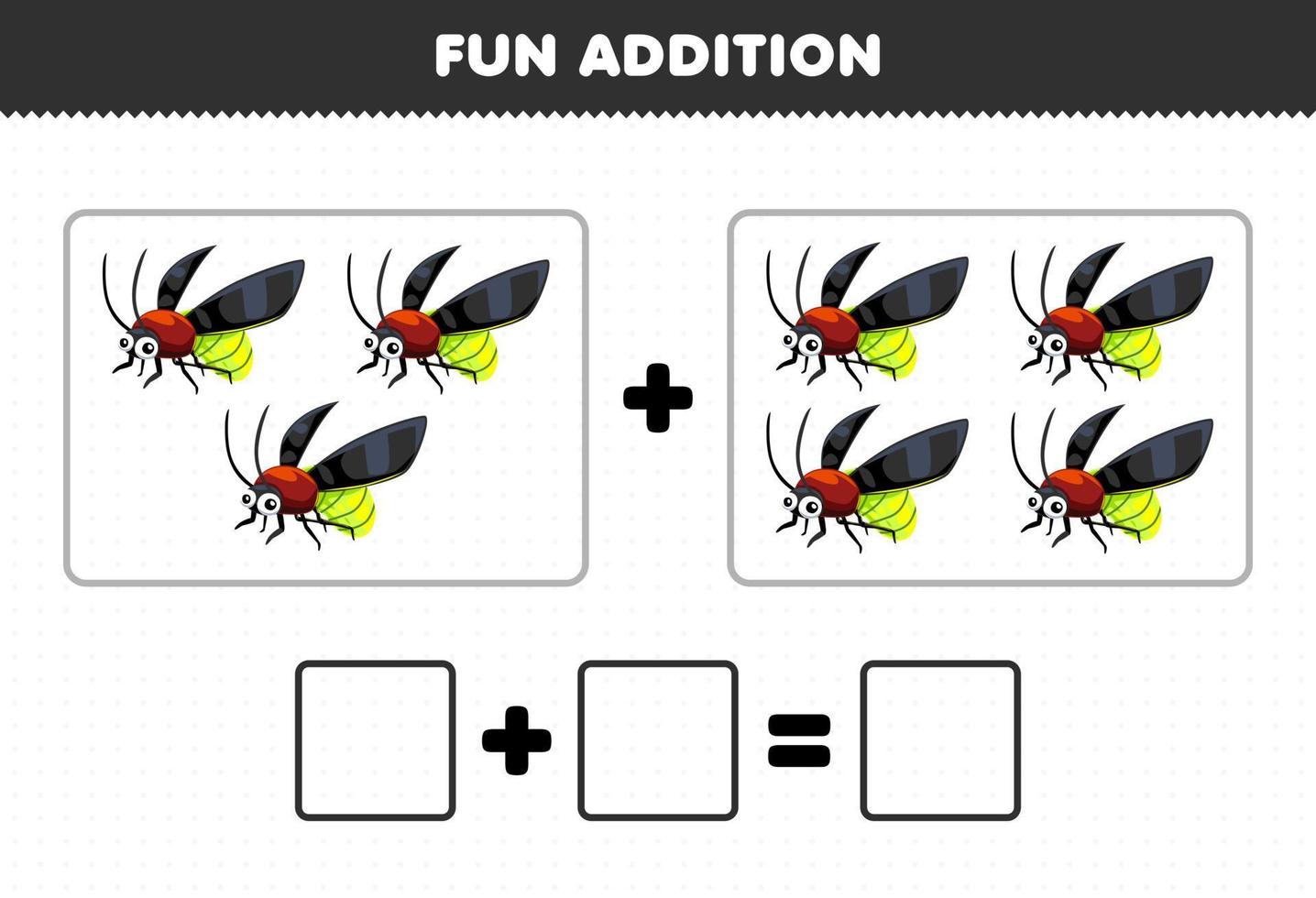 Education game for children fun addition by counting cute cartoon firefly pictures printable bug worksheet vector