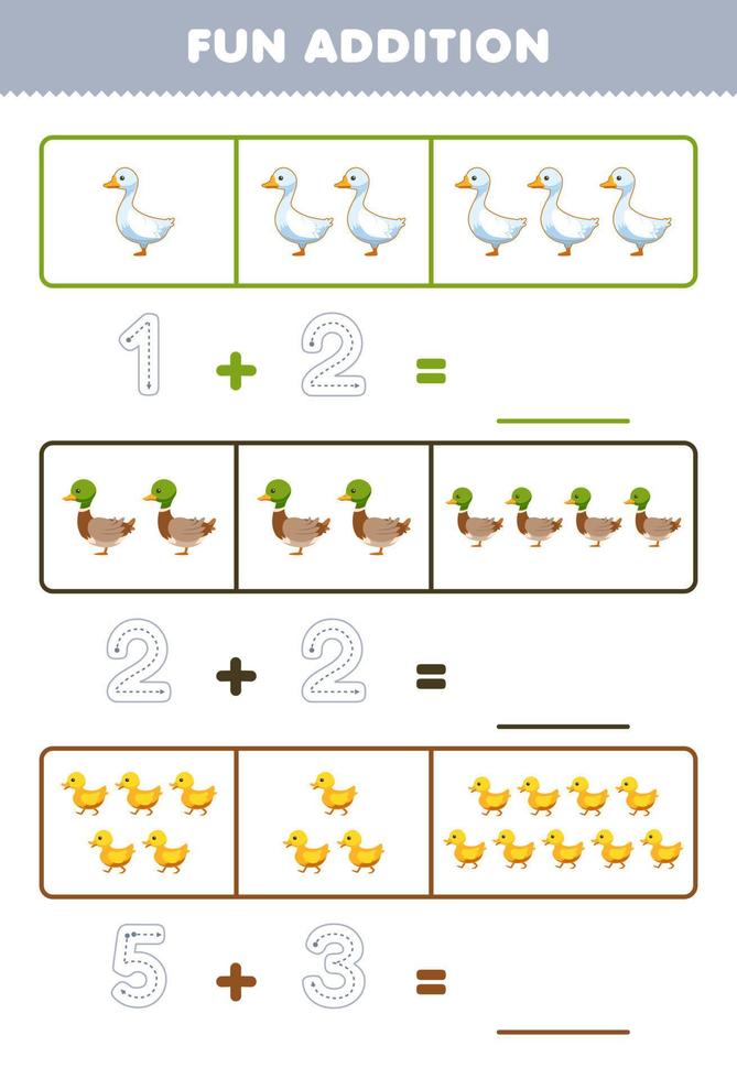 Education game for children fun addition by counting and tracing the number of cute cartoon goose duck duckling printable farm worksheet vector