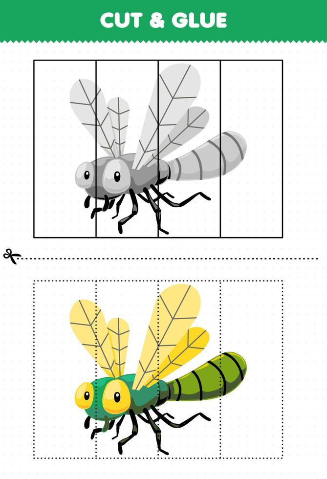 Education game for children cut and glue with cute cartoon dragonfly printable bug worksheet vector