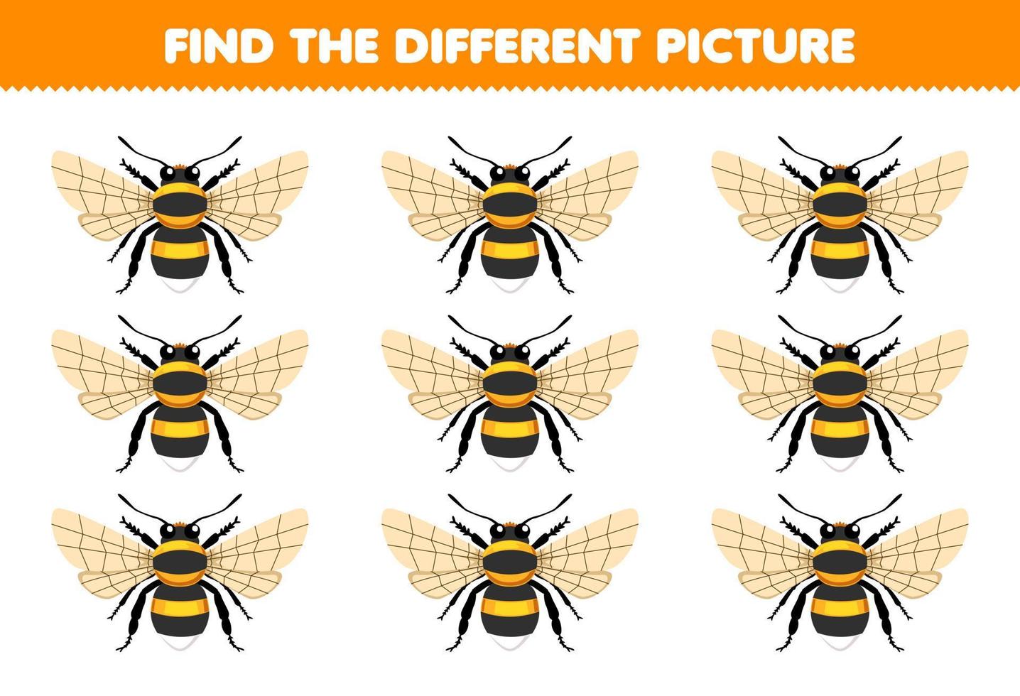 juego educativo para niños encuentra la imagen diferente de la hoja de trabajo de error imprimible de abeja de dibujos animados lindo vector