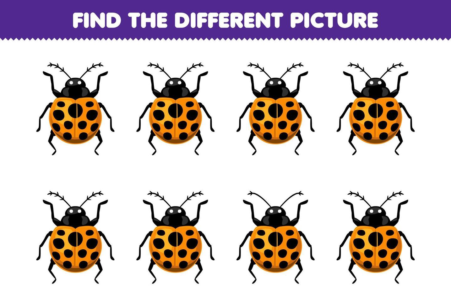 Education game for children find the different picture of cute cartoon ladybug printable bug worksheet vector