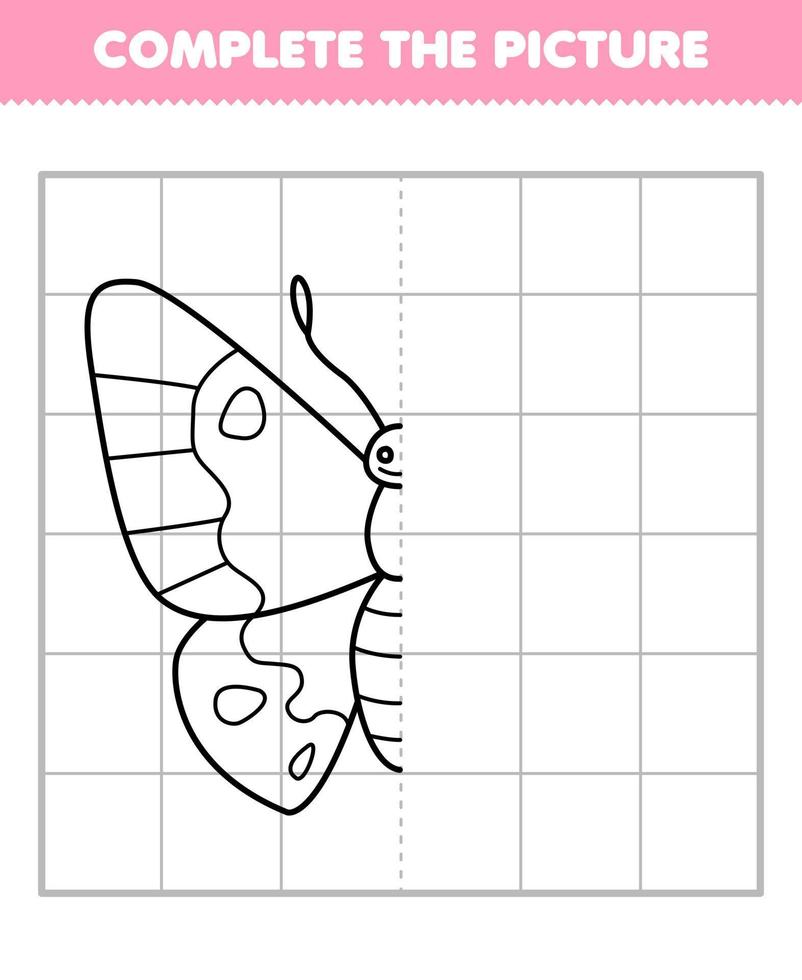 Education game for children complete the picture of cute cartoon butterfly half outline for drawing printable bug worksheet vector