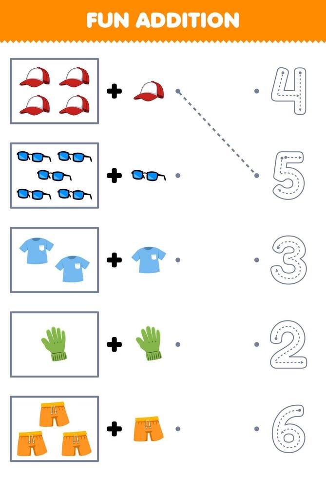 Education game for children fun addition of cartoon cap glasses t shirt glove pant then choose the correct number by tracing the line clothes worksheet vector