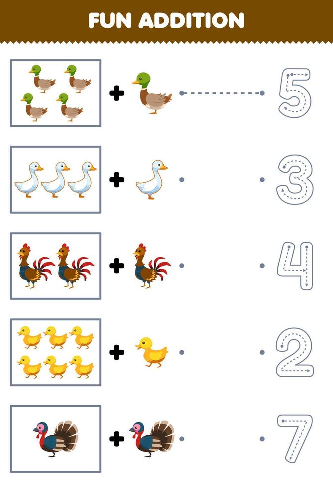 Education game for children fun addition of cartoon duck duckling chicken goose turkey then choose the correct number by tracing the line farm worksheet vector