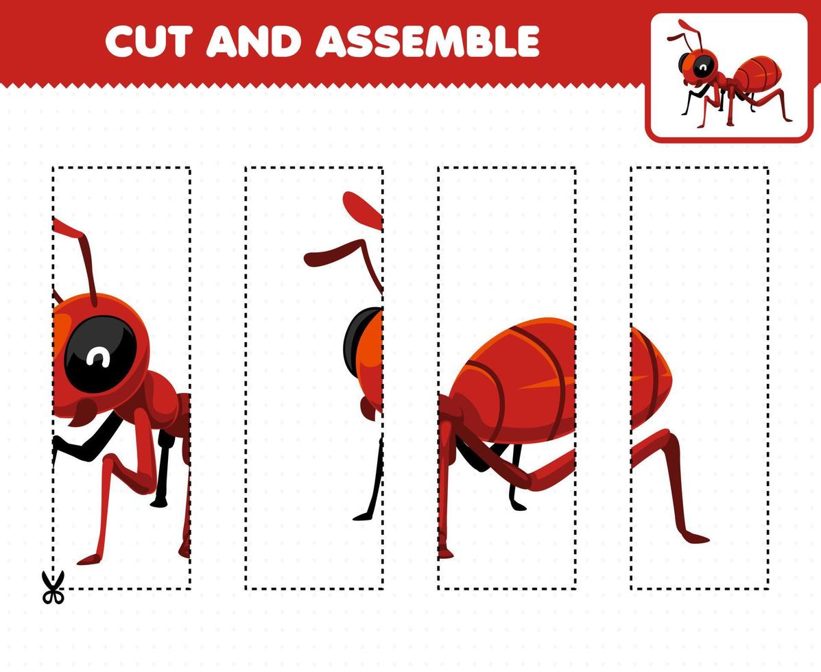 Education game for children cutting practice and assemble puzzle with cute cartoon red ant printable bug worksheet vector