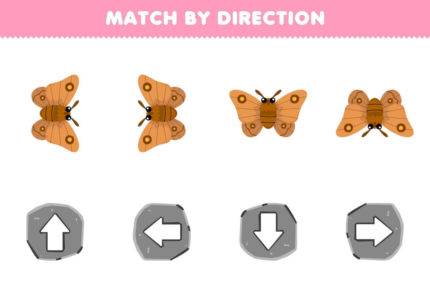 Education game for children match by direction left right up or down orientation of cute cartoon moth printable bug worksheet vector