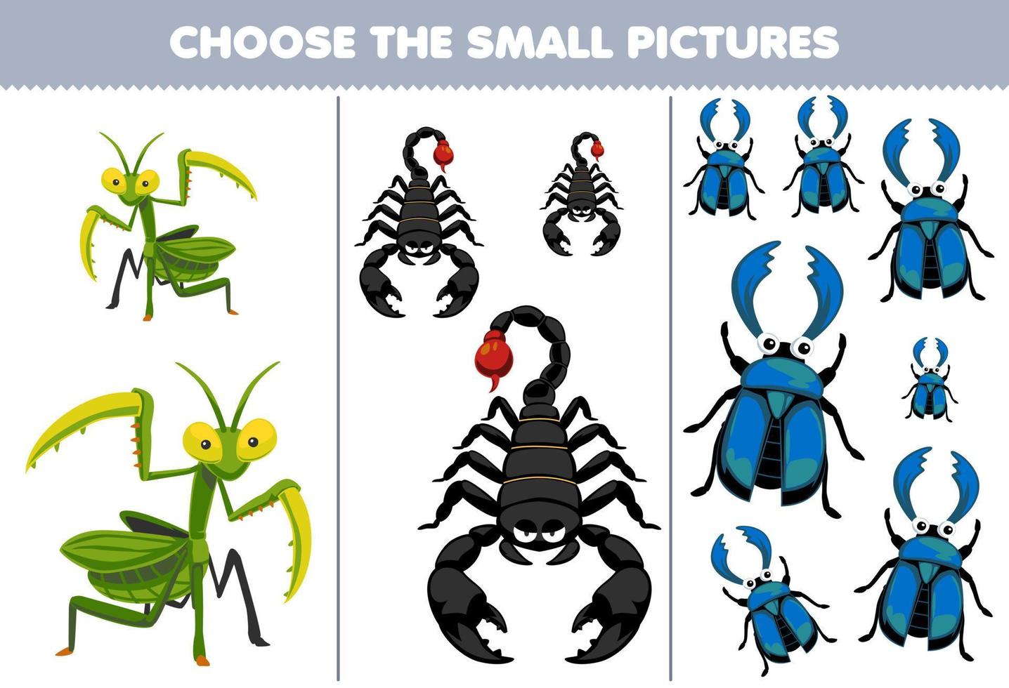 Education game for children choose the small picture of cute cartoon mantis scorpion beetle printable bug worksheet vector