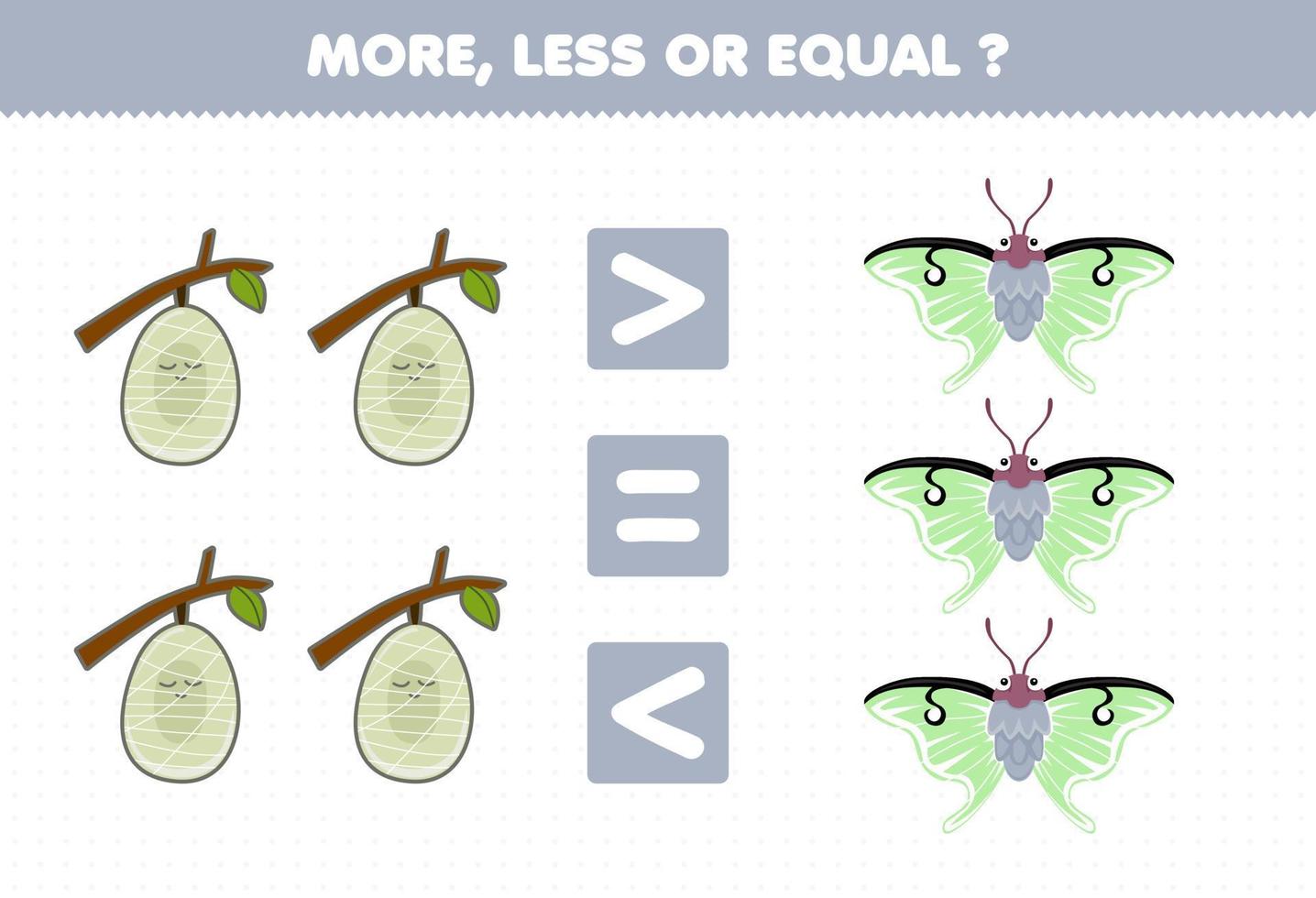 juego de educación para niños más menos o igual cuenta la cantidad de hoja de trabajo imprimible de insecto de capullo de dibujos animados lindo y polilla vector