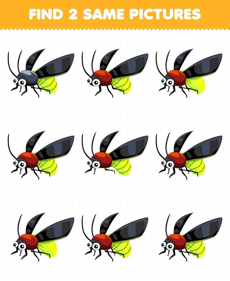 Education game for children find two same pictures of cute cartoon firefly printable bug worksheet vector