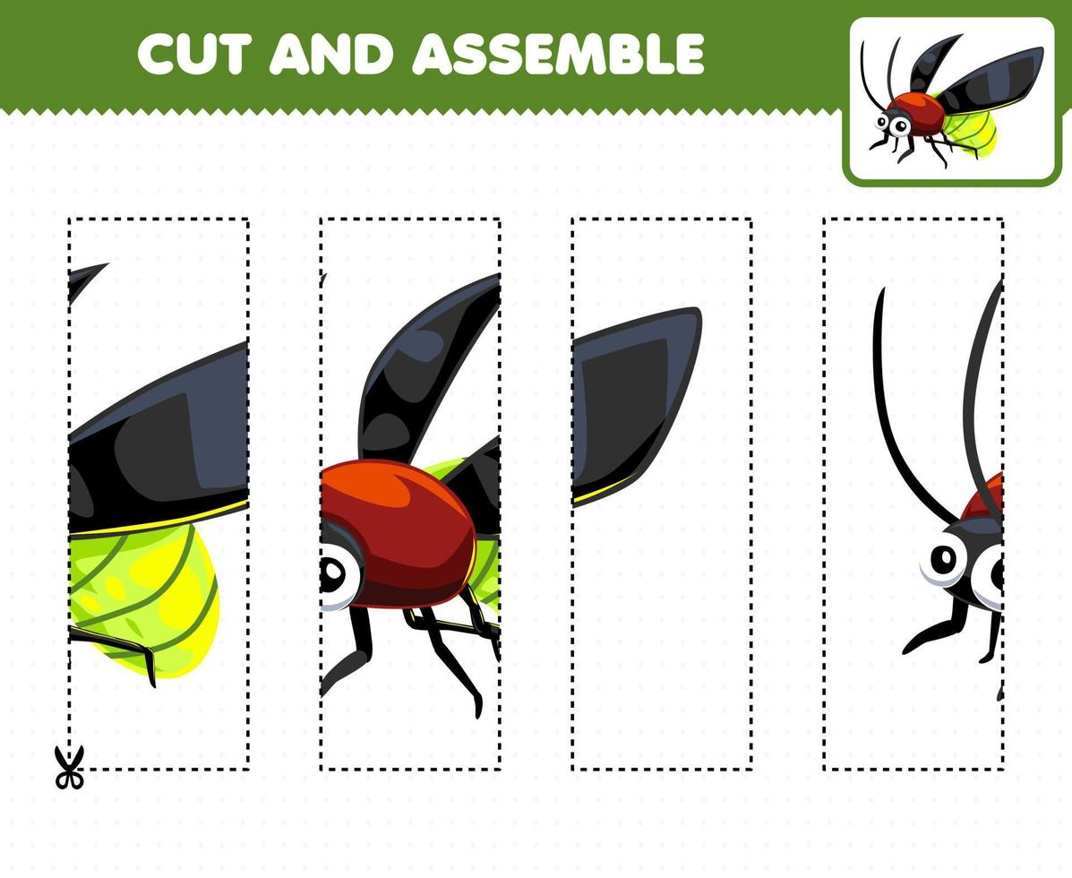 Education game for children cutting practice and assemble puzzle with cute cartoon firefly printable bug worksheet vector