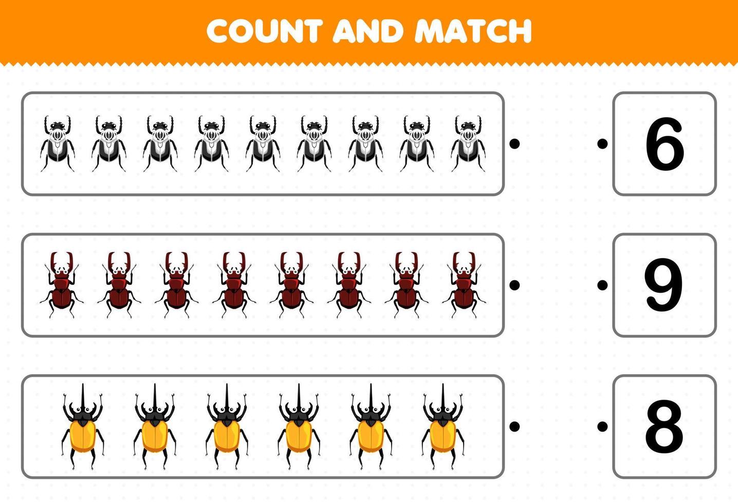 juego educativo para niños cuente el número de escarabajo de dibujos animados lindo y haga coincidir con los números correctos hoja de trabajo de error imprimible vector