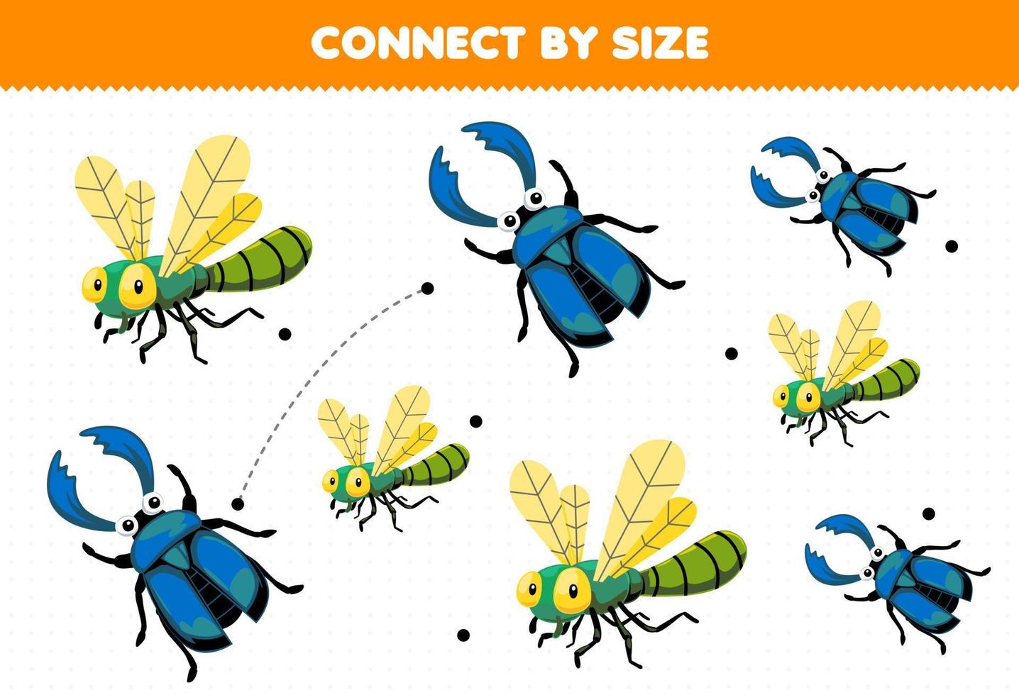 Educational game for kids connect by the size of cute cartoon dragonfly and beetle printable bug worksheet vector
