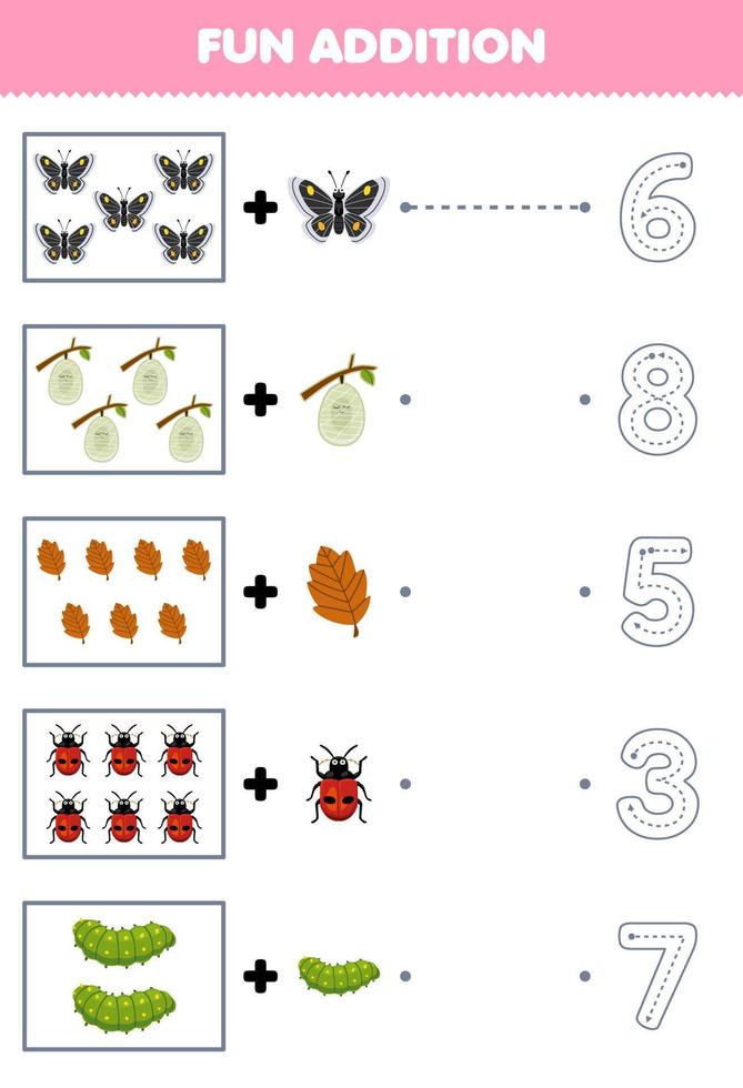 Education game for children fun addition of cute cartoon butterfly cocoon leaf ladybug caterpillar then choose the correct number by tracing the line bug worksheet vector