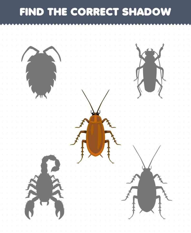 juego educativo para niños encuentra el juego de sombras correcto de la hoja de trabajo de error imprimible de cucaracha de dibujos animados lindo vector