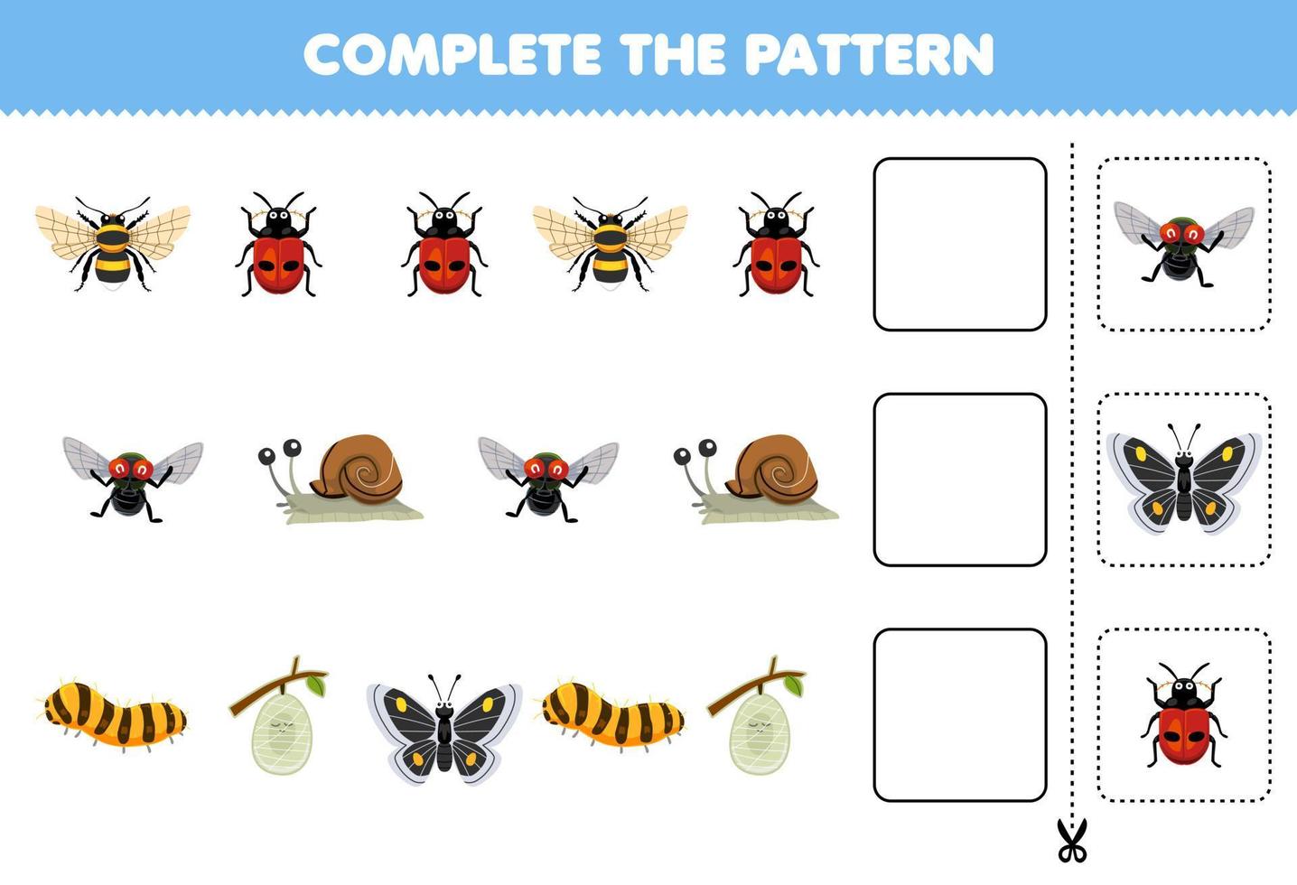 Education game for children complete the pattern of cute cartoon bee ladybug fly snail silkworm cocoon butterfly printable bug worksheet vector