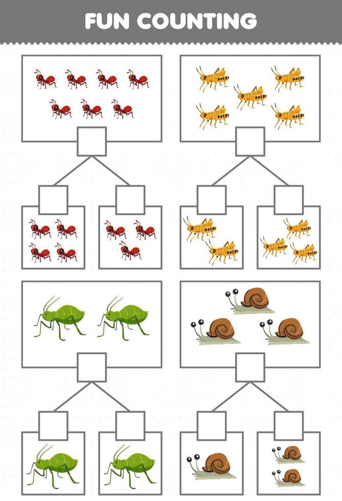 Education game for children fun counting picture in each box of cute cartoon ant grasshopper aphid snail printable bug worksheet vector