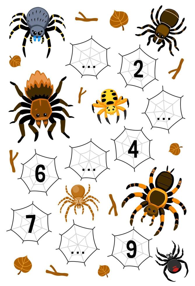 Education game for complete the sequence of number with cute cartoon spider picture printable bug worksheet vector