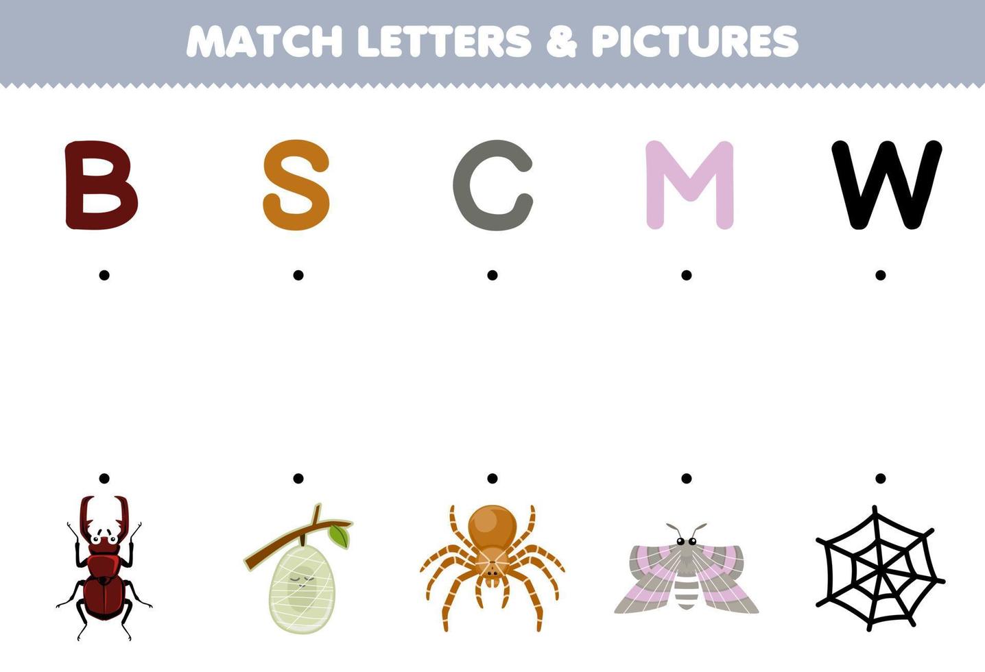 Education game for children match letters and pictures of cute cartoon beetle cocoon spider moth web printable bug worksheet vector