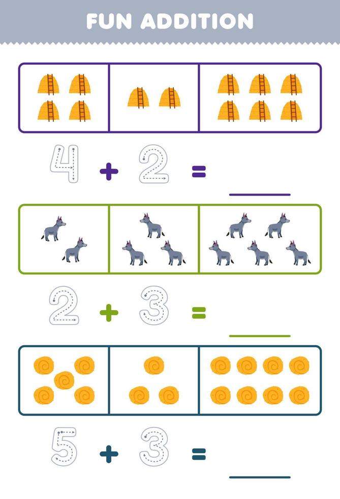 Education game for children fun addition by counting and tracing the number of cute cartoon haystack dan donkey printable farm worksheet vector