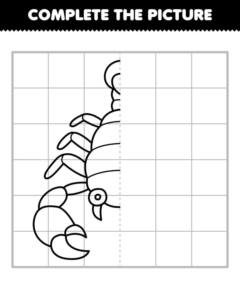 juego educativo para niños completa la imagen de la mitad del contorno del escorpión de dibujos animados lindo para dibujar una hoja de trabajo de error imprimible vector