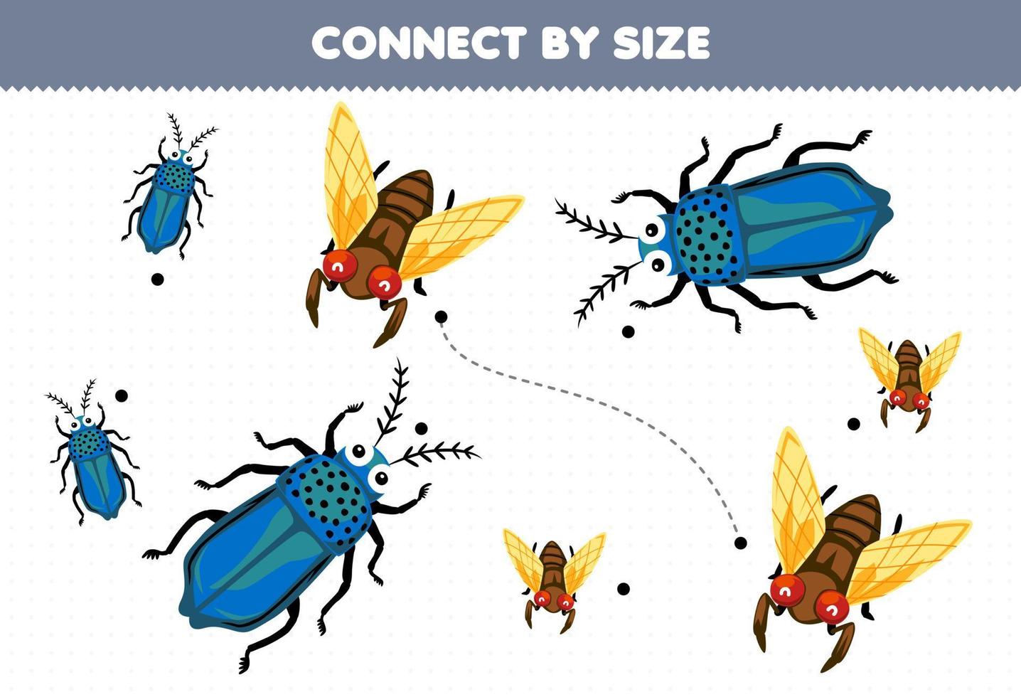 Educational game for kids connect by the size of cute cartoon beetle and cicada printable bug worksheet vector