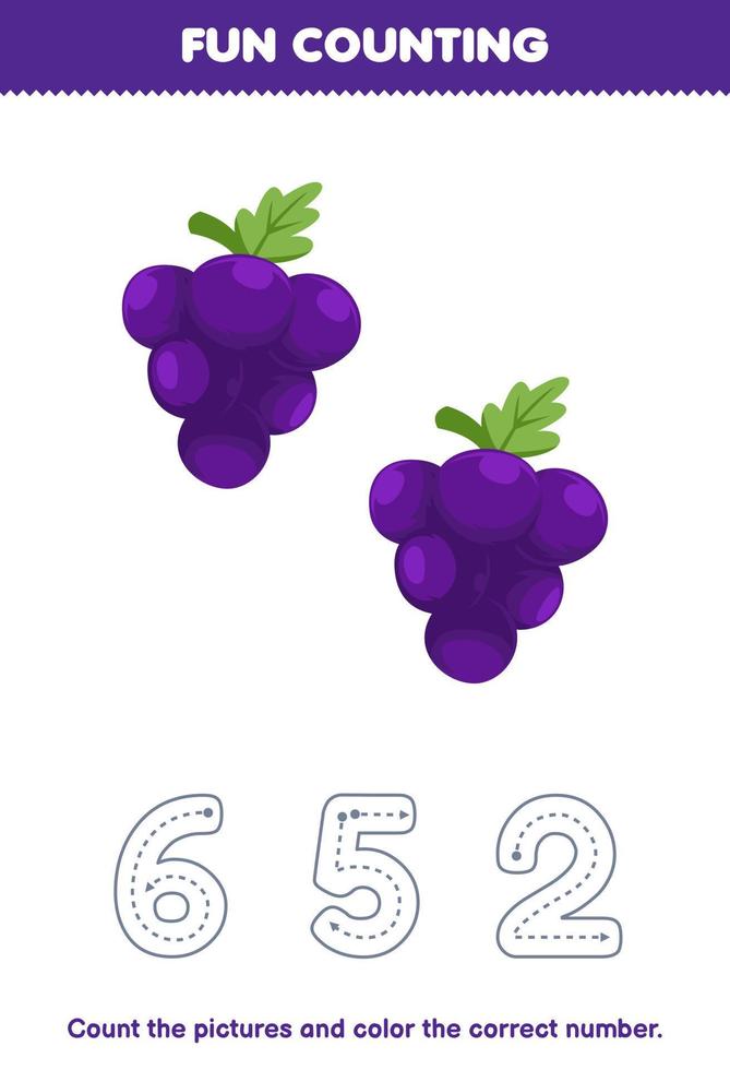 Education game for children count the pictures and color the correct number from cute cartoon grape printable fruit worksheet vector