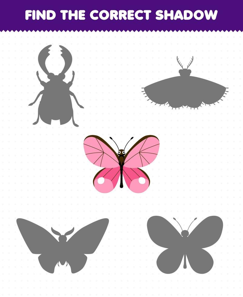 juego educativo para niños encuentra el juego de sombras correcto de la hoja de trabajo de error imprimible de mariposa de dibujos animados lindo vector