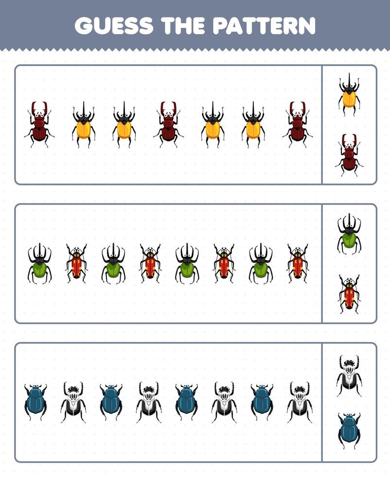 Education game for children guess the pattern each row from cute cartoon beetle printable bug worksheet vector