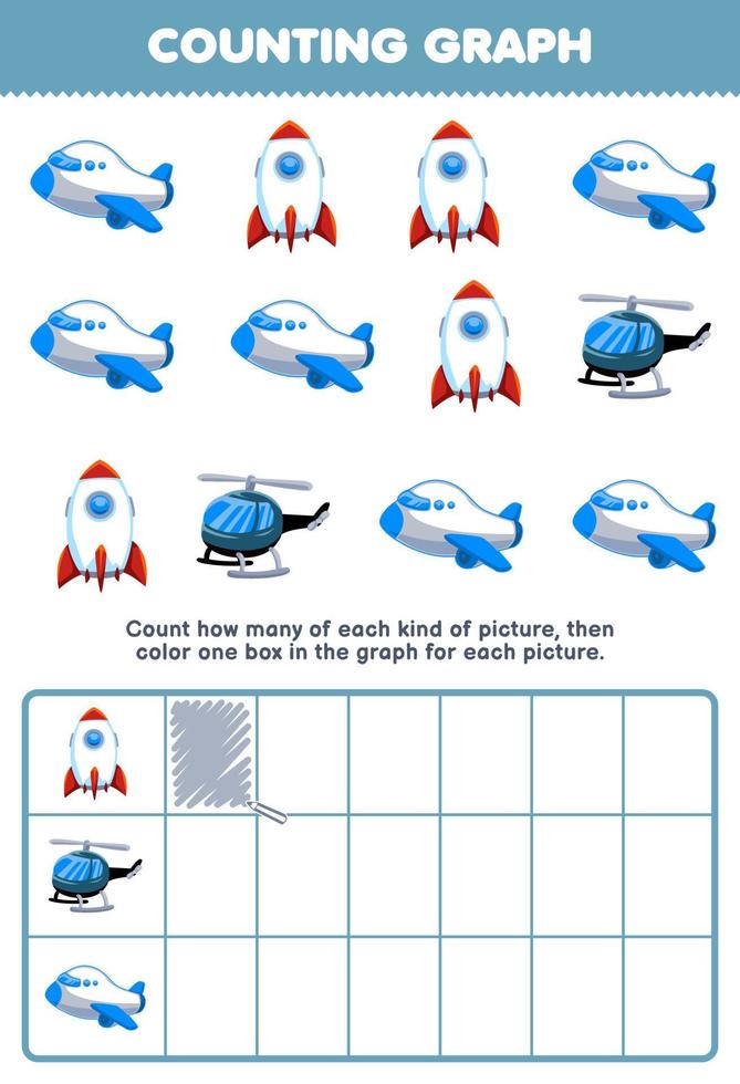 Education game for children count how many cute cartoon rocket helicopter plane then color the box in the graph printable transportation worksheet vector