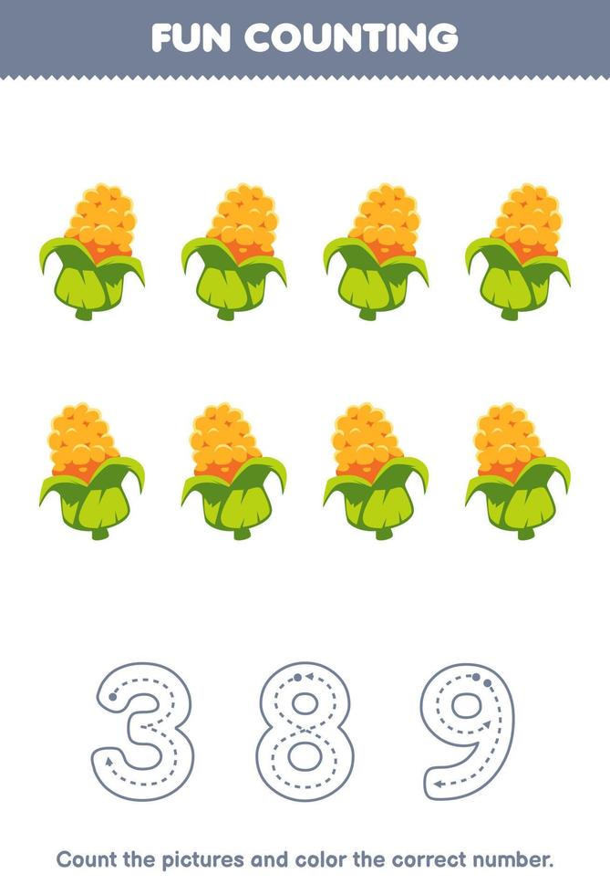 Education game for children count the pictures and color the correct number from cute cartoon corn printable vegetable worksheet vector