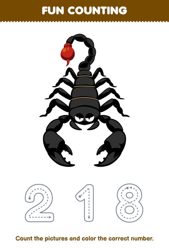 Education game for children count the pictures and color the correct number from cute cartoon scorpion printable bug worksheet vector