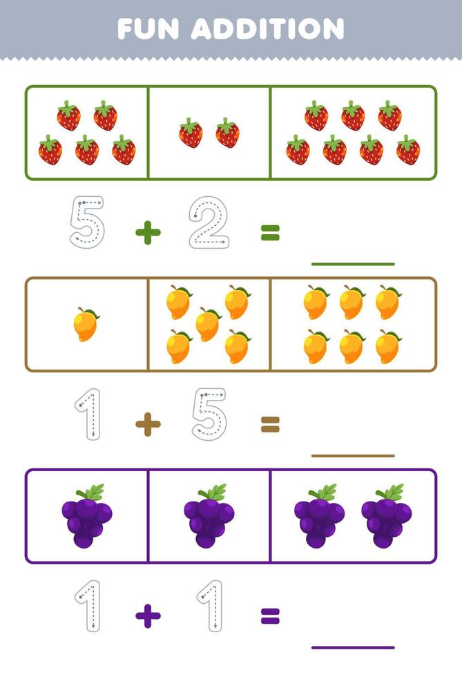 Education game for children fun addition by counting and tracing the number of cute cartoon strawberry mango grape printable fruit worksheet vector