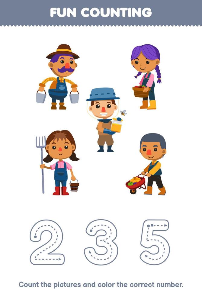 Education game for children count the pictures and color the correct number from cute cartoon farmer printable farm worksheet vector