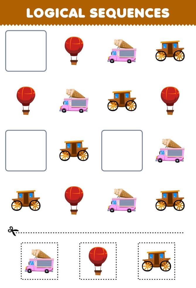 Education game for children logical sequences for kids with cute cartoon balloon ice cream truck carriage printable transportation worksheet vector