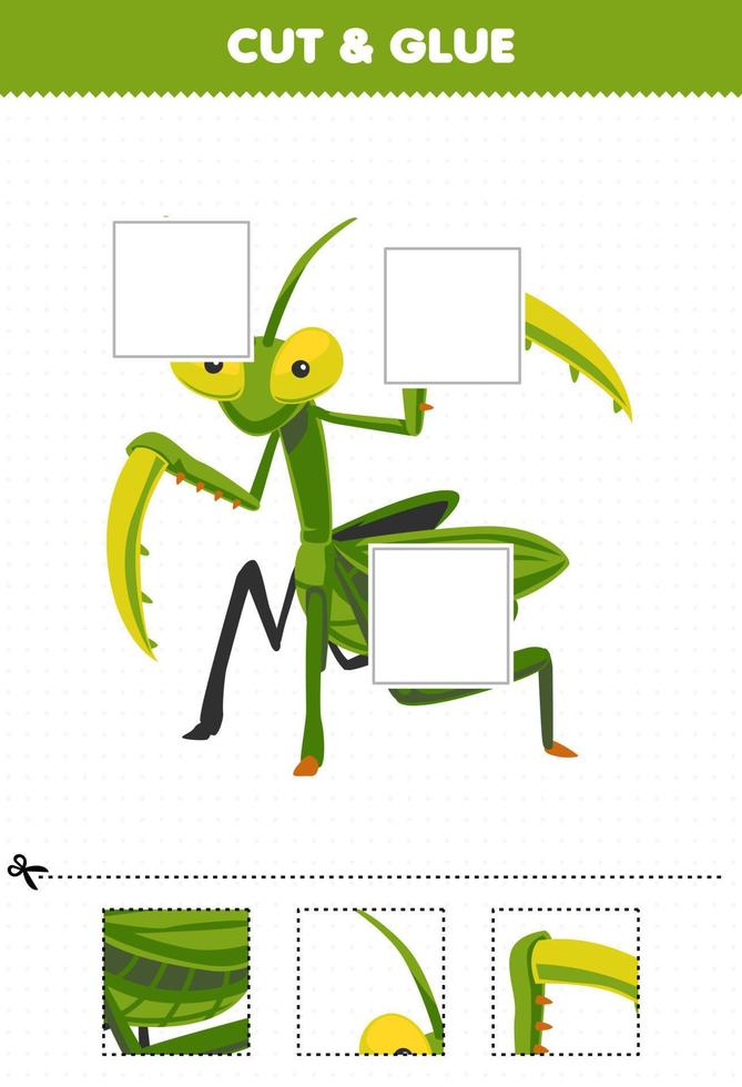 Education game for children cut and glue cut parts of cute cartoon green mantis and glue them printable bug worksheet vector