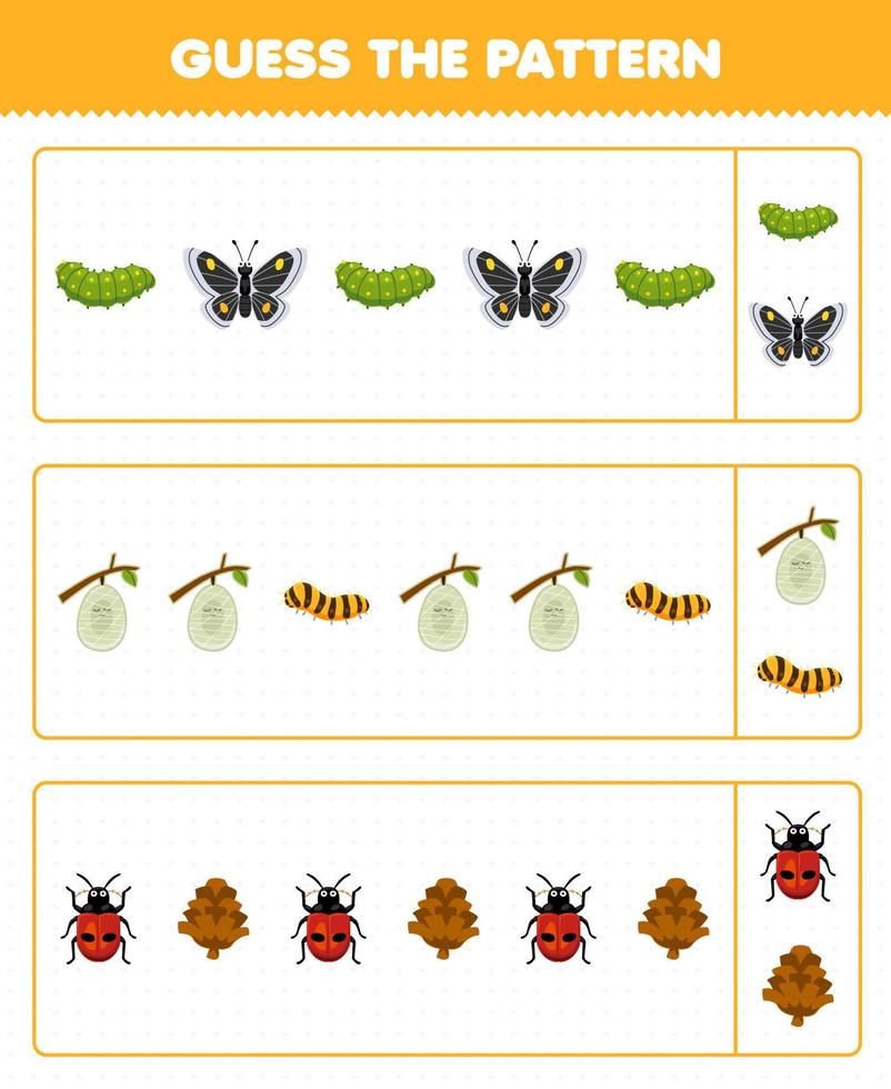 juego educativo para niños adivina el patrón de cada fila de dibujos animados lindo oruga mariposa capullo gusano de seda mariquita piña hoja de trabajo de error imprimible vector