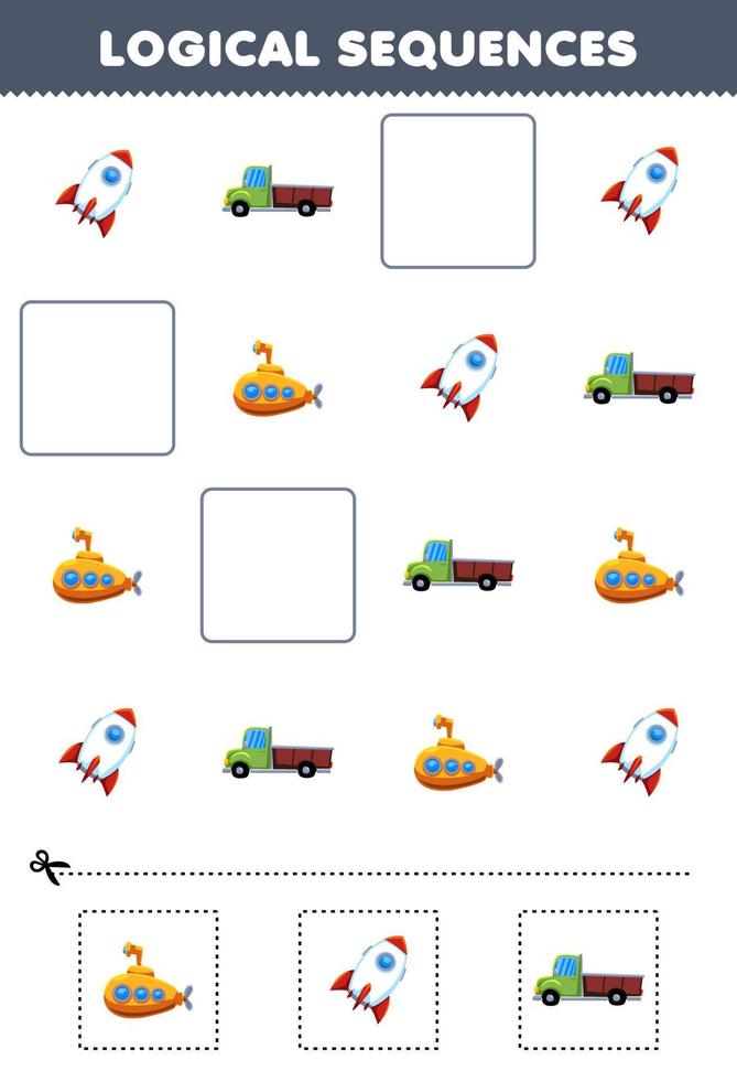 Education game for children logical sequences for kids with cute cartoon rocket pickup truck submarine printable transportation worksheet vector