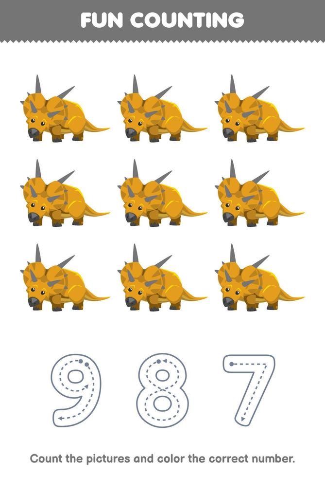 Education game for children count the pictures and color the correct number from cute cartoon xenoceratops printable prehistoric dinosaur worksheet vector